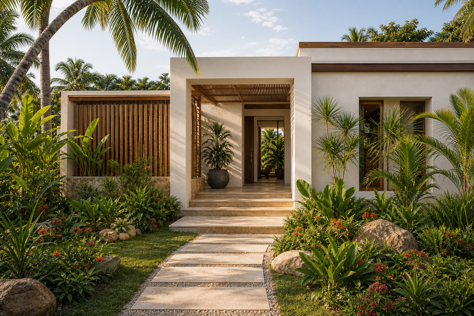 Jardin tropical fleuri et arboré