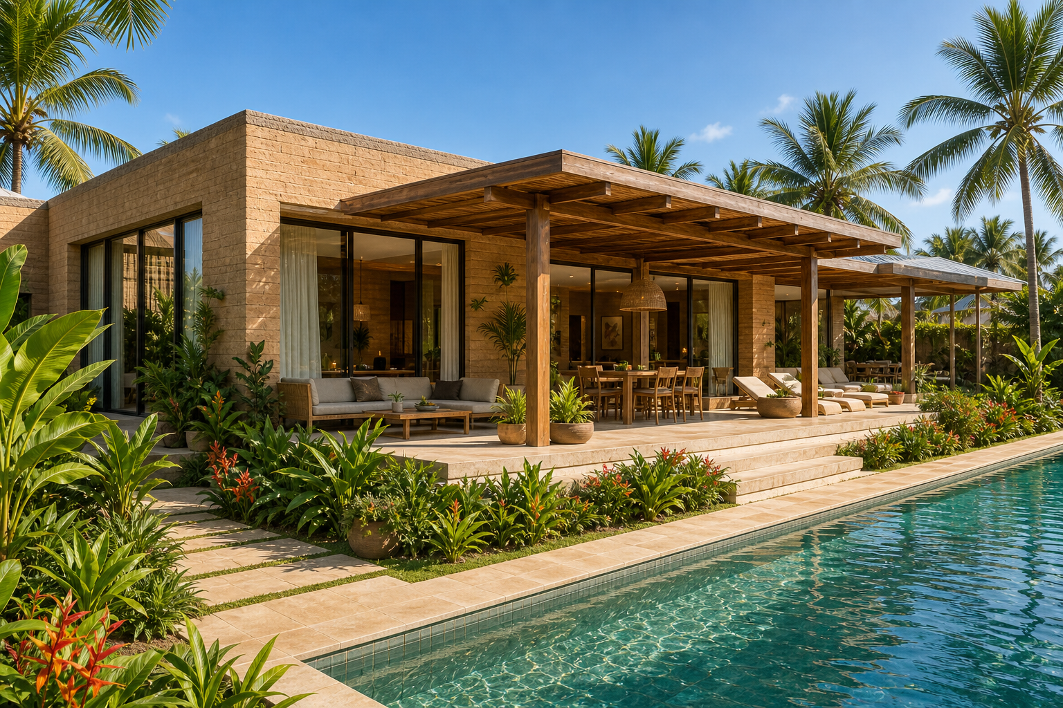 Villa tropicale en matériaux naturels avec BTC et piscine lagon