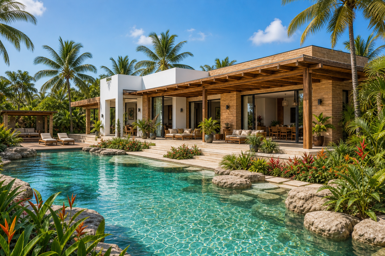 Piscine lagon intégrée dans un jardin tropical
