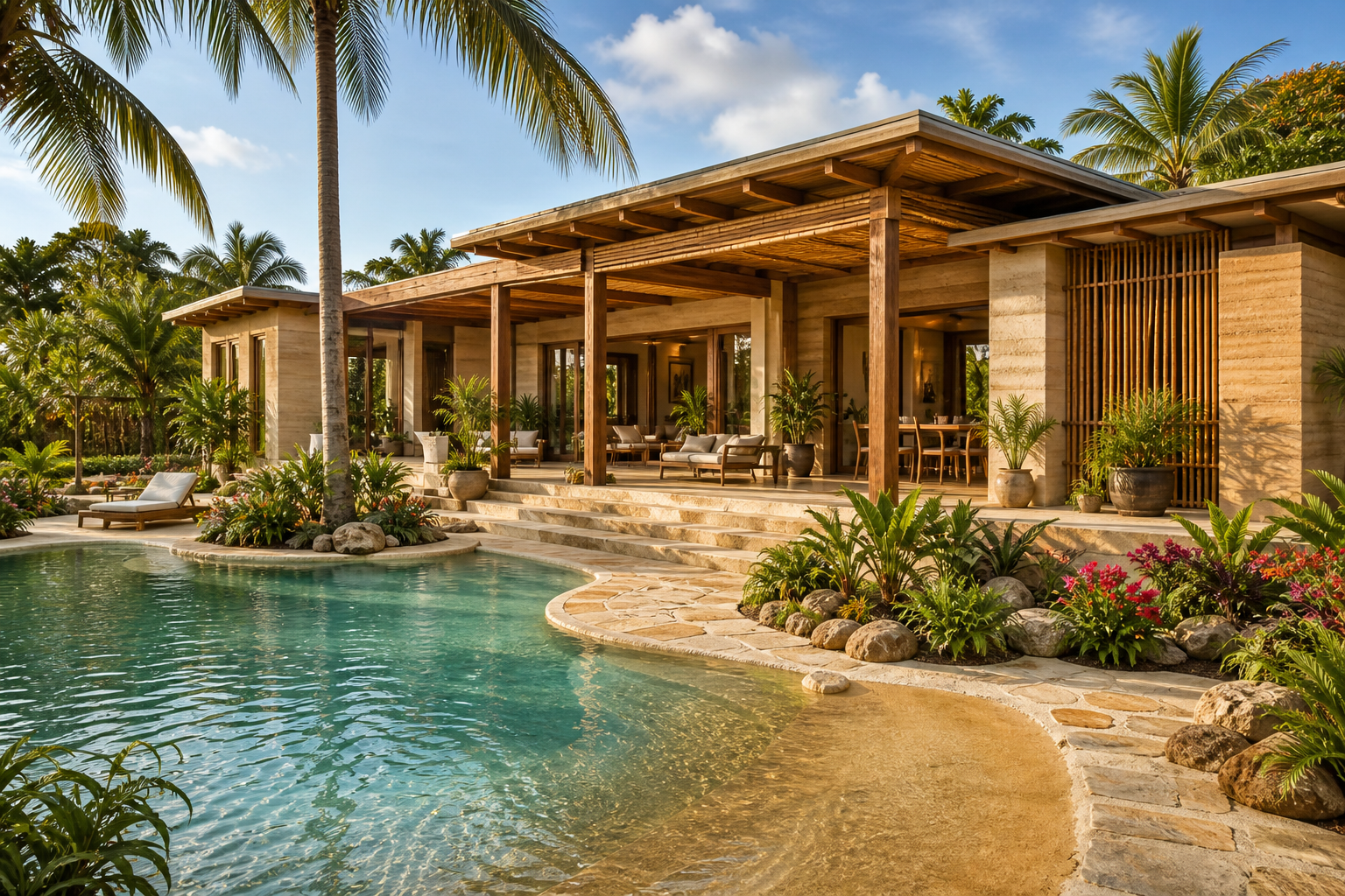Villa tropicale avec piscine lagon, pergola bois et jardin