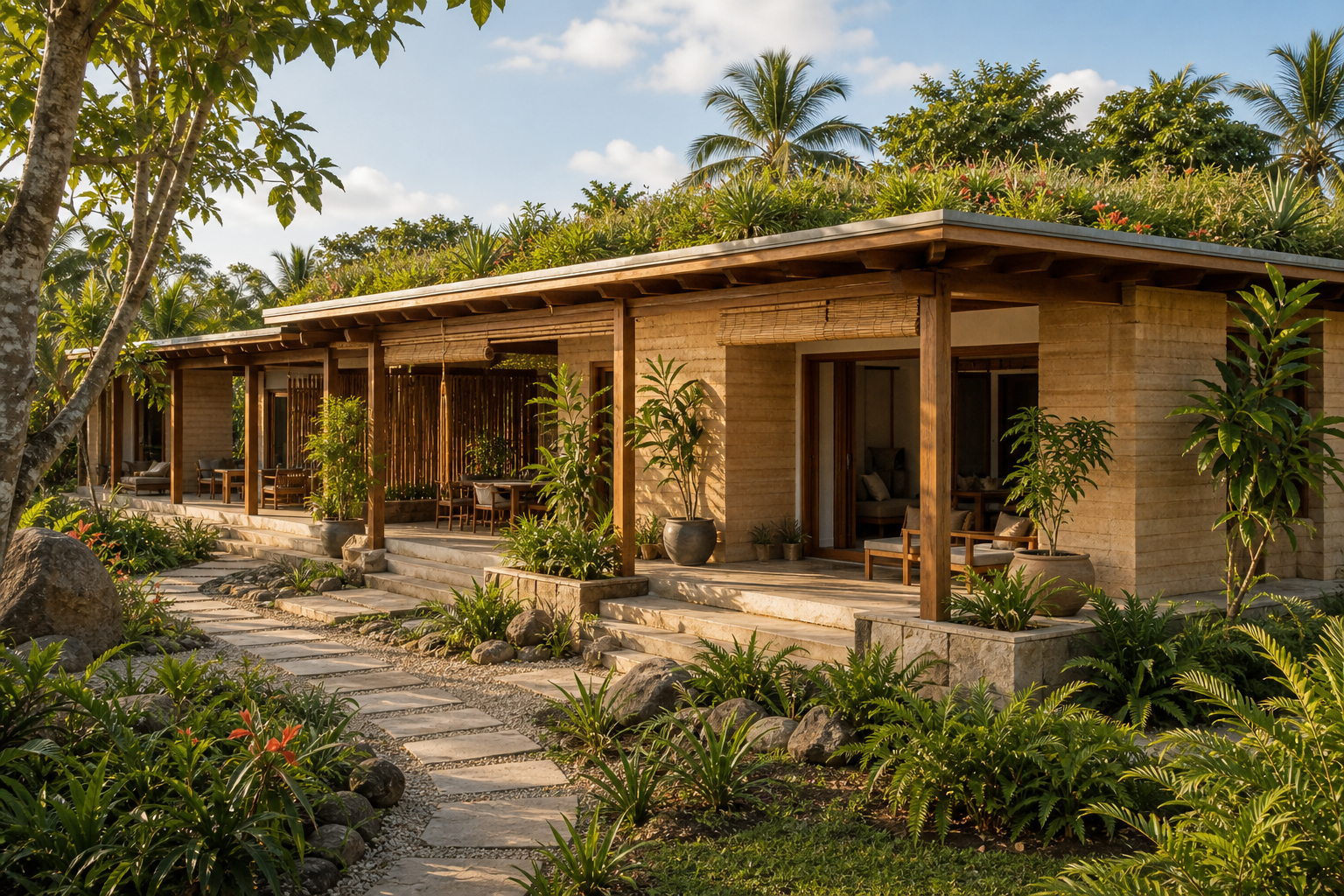 Villa en matériaux naturels et toiture végétalisée