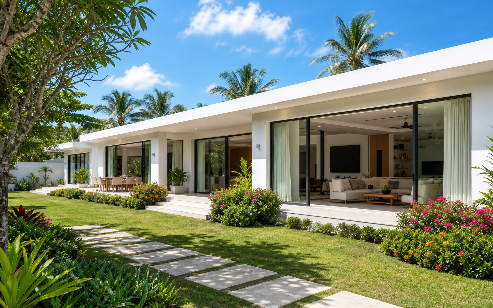 Villa blanche avec grandes baies vitrées sur jardin tropical