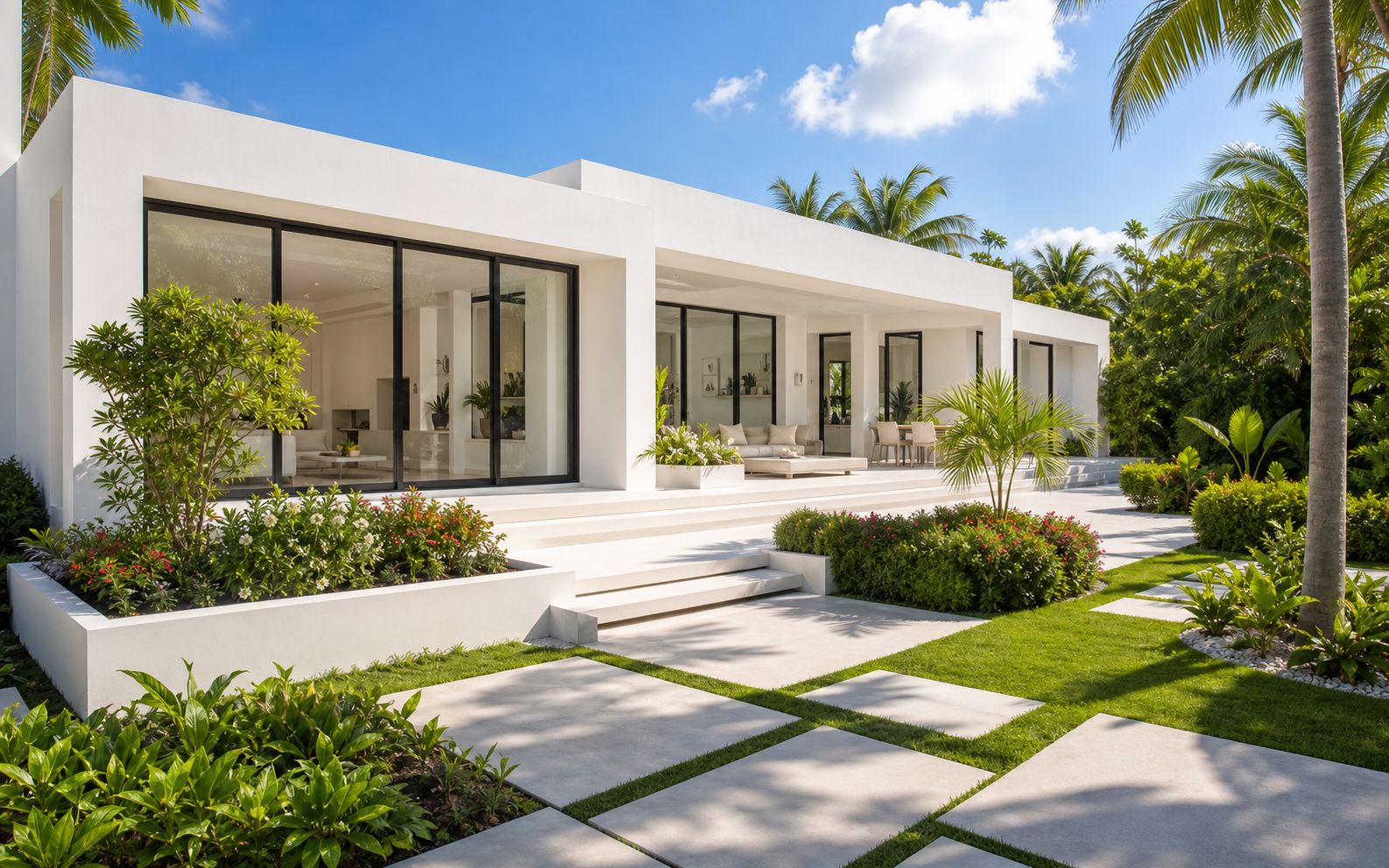 Villa blanche contemporaine et jardin tropical