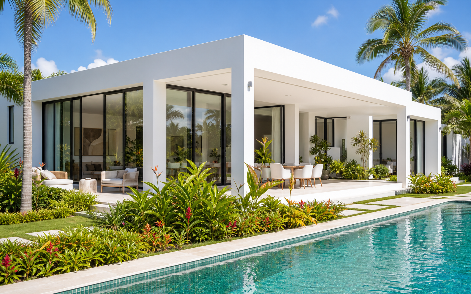 Villa blanche contemporaine avec grandes baies vitrées et piscine